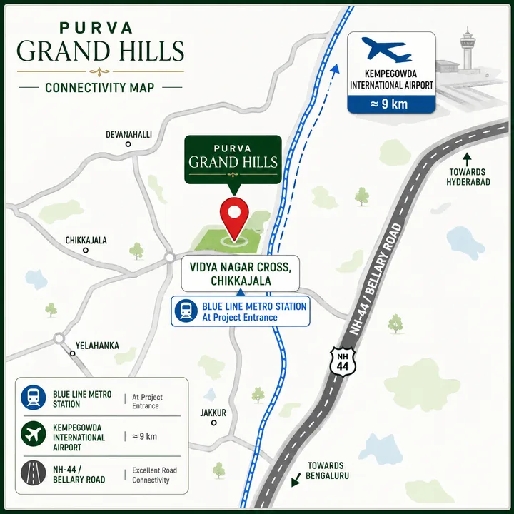 Location map showing Purva Grand Hills at Chikkajala on the Bengaluru airport corridor Location map showing Purva Grand Hills at Chikkajala on the Bengaluru airport corridor